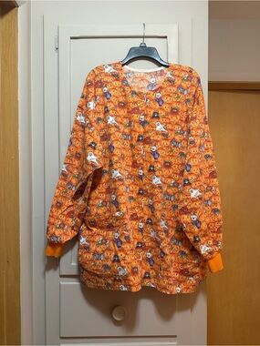 Women’s Scrub Jacket Halloween Pumpkin Print-Orange 2XL